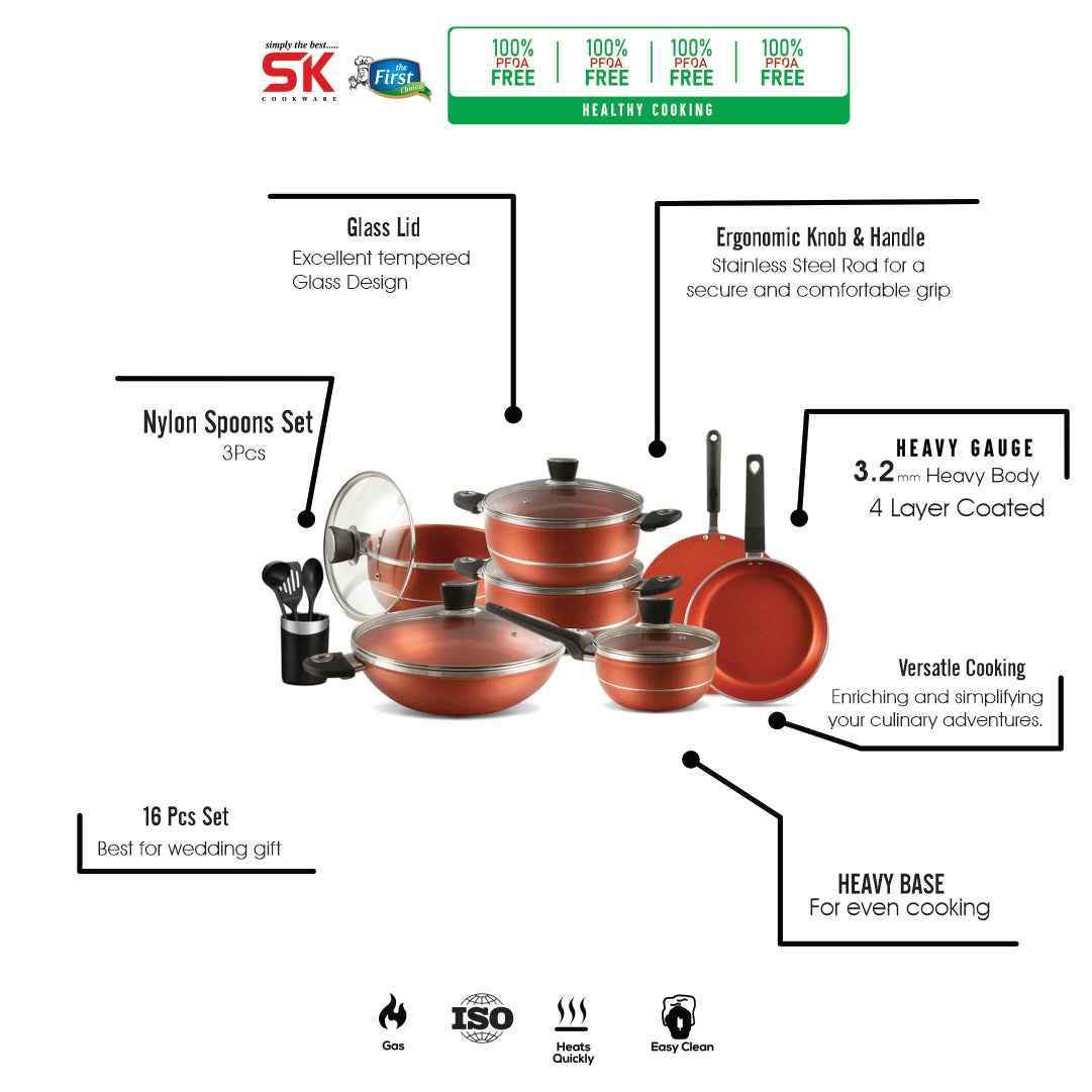 16 Pieces Marble Coated Gift Pack Daisy Cookware Set - Copper - Skcookware