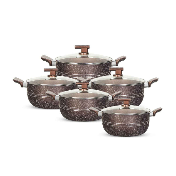 10 Pieces Non Stick Marble Coated Innovant Casserole (Daigchi/Baigona) Set - Chocolate - Skcookware