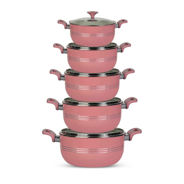 10 Pieces Non Stick Marble Coated Innovant Casserole (Daigchi/Baigona) Set - Pink - Skcookware
