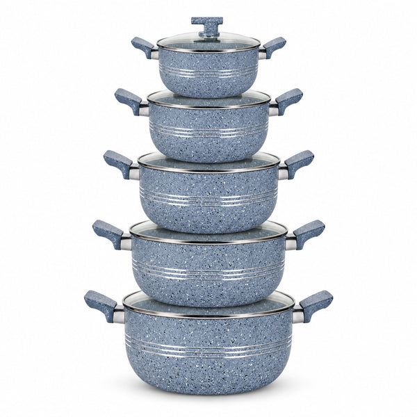 A five-piece nesting cookware set in a speckled slate blue finish with matching lids and handles, displayed on a clean white background.
