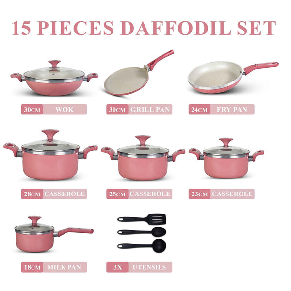 15 Pieces Non Stick Daffodil Gift Pack Set Pink - Skcookware