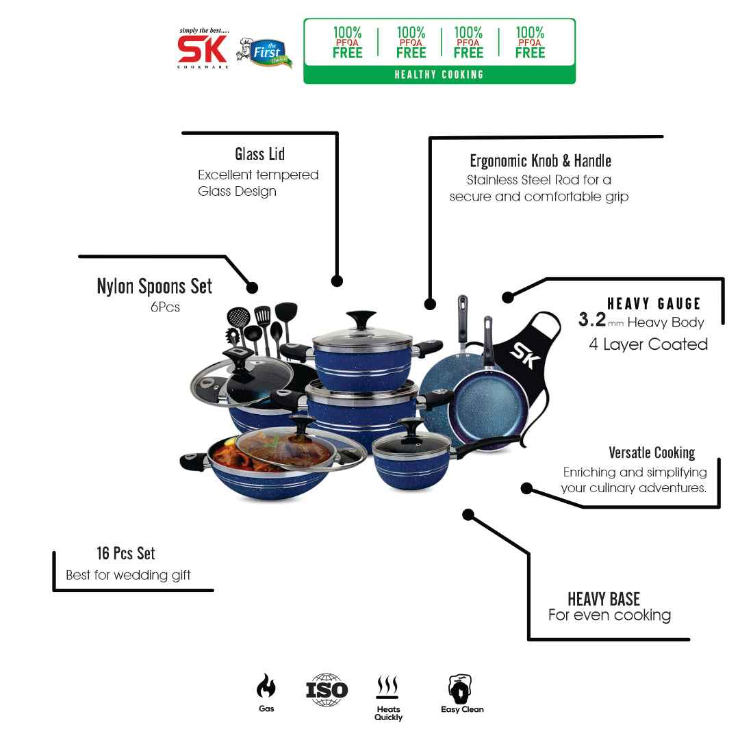 16 Pieces Marble Coated Gift Pack Daisy Cookware Set - Blue - Skcookware