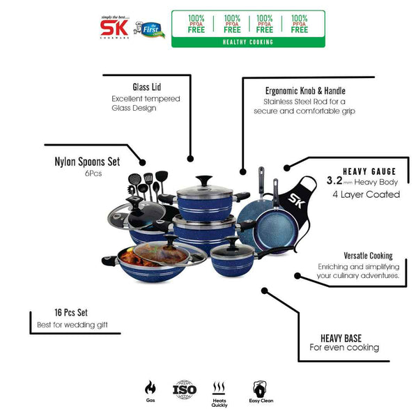 16 Pieces Marble Coated Gift Pack Daisy Cookware Set - Blue - Skcookware