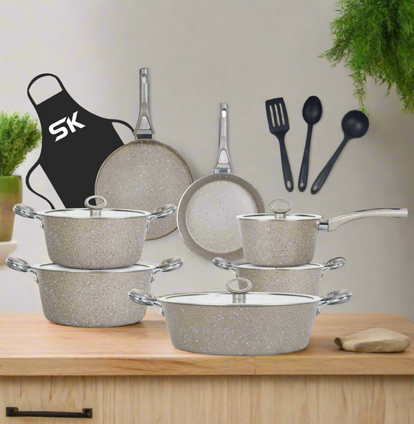 16 Pieces Marble Coated Gift Pack Signature Cookware Set - Beige - Skcookware