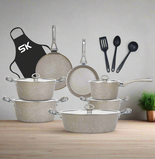 16 Pieces Marble Coated Gift Pack Signature Cookware Set - Beige - Skcookware