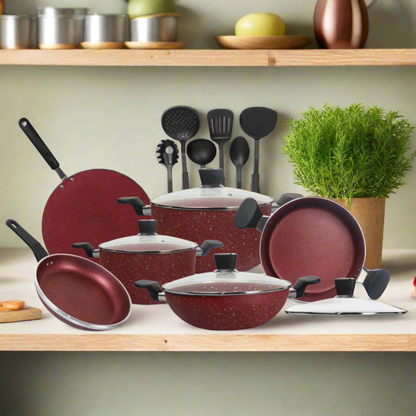 16 Pieces Marble Coating Copper Cook Gift Pack Set - Maroon - Skcookware