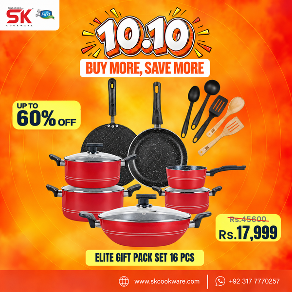 SK Cookware Elite Gift Pack Set 16 PCS in red and black, displayed against a vibrant orange promotional background with '10:10 BUY MORE, SAVE MORE' and discount badges.