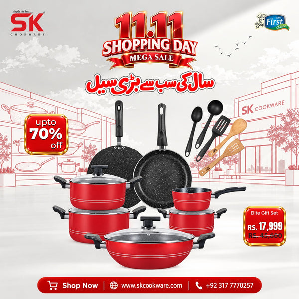 16 Pieces Non-Stick Marble Coat Elite Gift Pack Set - Red & Black