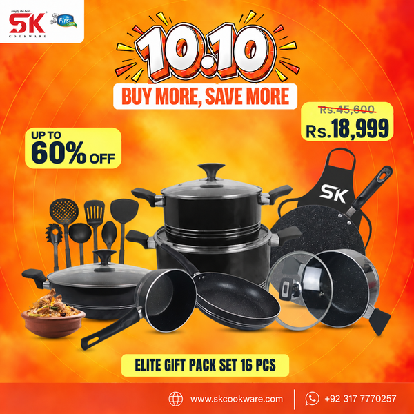 SK Cookware Elite Gift Pack Set 16 PCS promotional banner on a bright orange gradient background. The set includes multiple black non-stick cookware pieces such as pots, pans, and lids, along with black utensils and an apron.