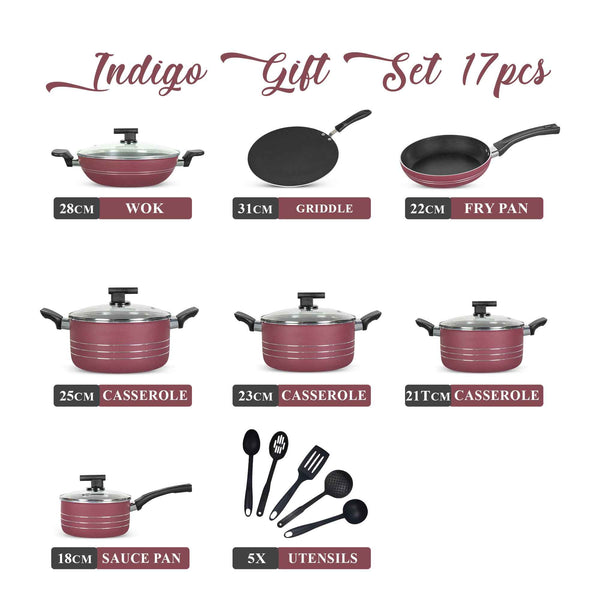 17 Pieces Non-Stick Indigo Gift Pack Set - Maroon - Skcookware