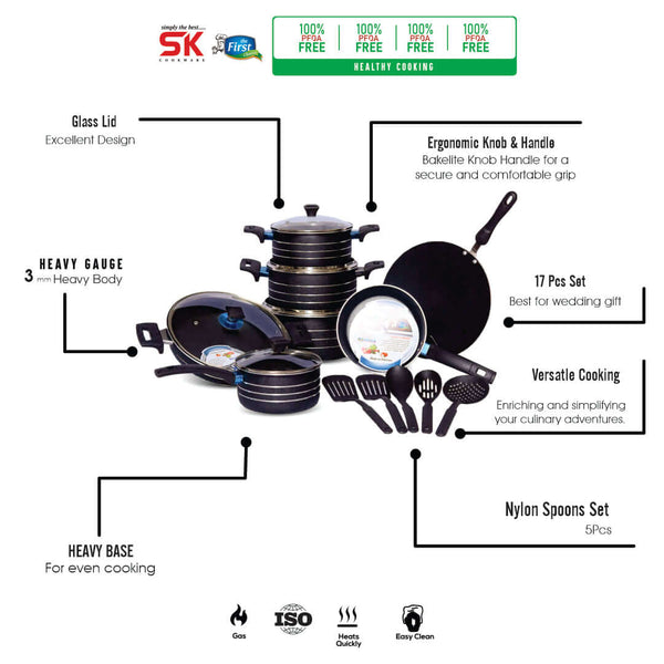 17 Pieces Non-Stick Turquoise Gift Pack Set - Black - Skcookware