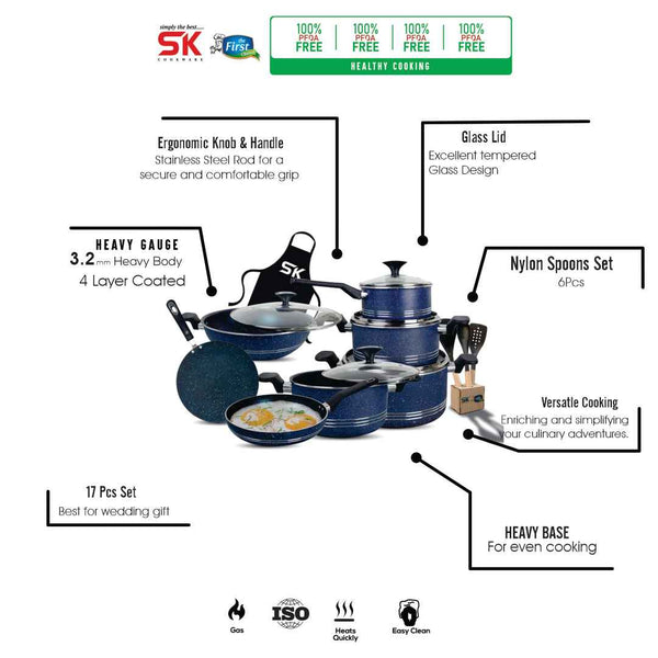 17 Pieces Non Stick Marble Coated Superior Gift Set - Blue - Skcookware