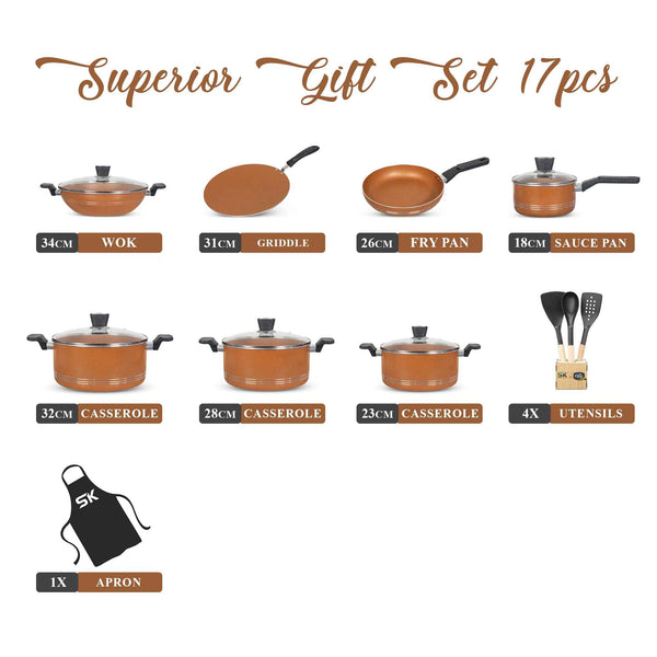 17 Pieces Non Stick Marble Coated Superior Gift Set - Copper Gold - Skcookware