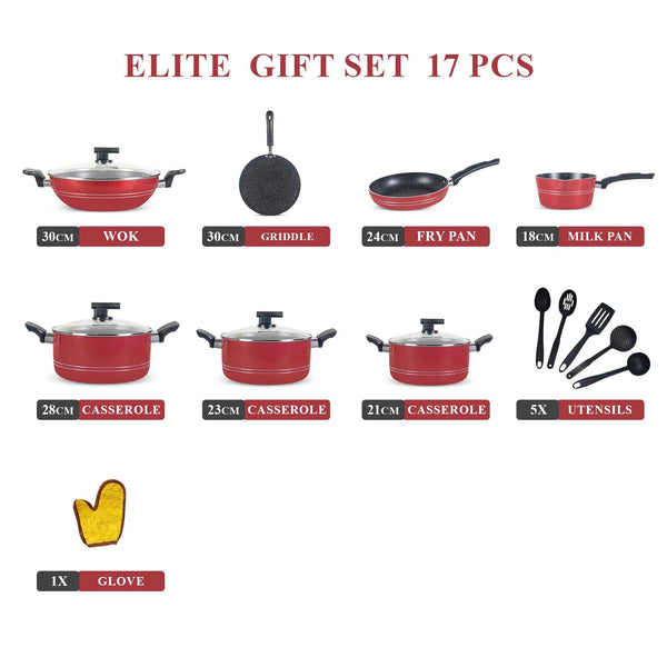 16 Pieces Non-Stick Marble Coat Elite Gift Pack Set - Red & Black - Skcookware