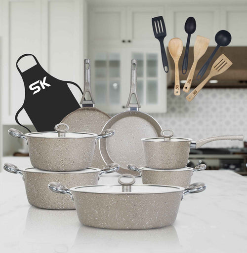 20 Pieces Marble Coated Gift Pack Signature PLUS Cookware Set - Beige - Skcookware