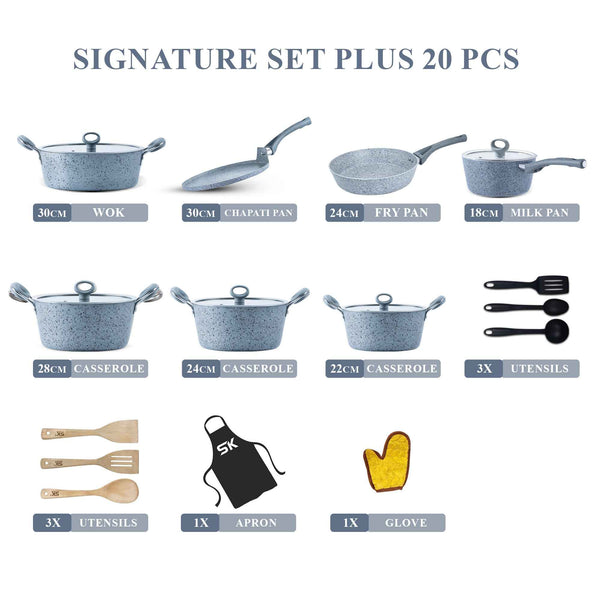 20 Pieces Marble Coated Gift Pack Signature PLUS Cookware Set - Grey - Skcookware