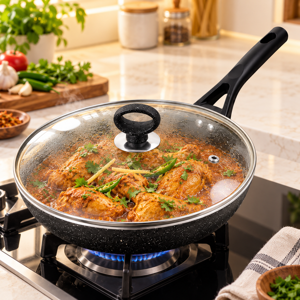 24cm Black Non Stick Marble Coated Signature Frypan with Glass Lid