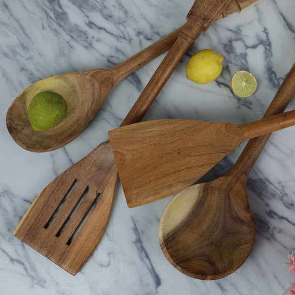 4 Piece Fancy Wooden Cooking Utensils Set of Spoons for Non-Stick Cookware - Skcookware