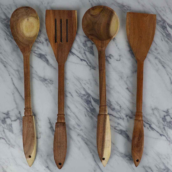 4 Piece Fancy Wooden Cooking Utensils Set of Spoons for Non-Stick Cookware - Skcookware