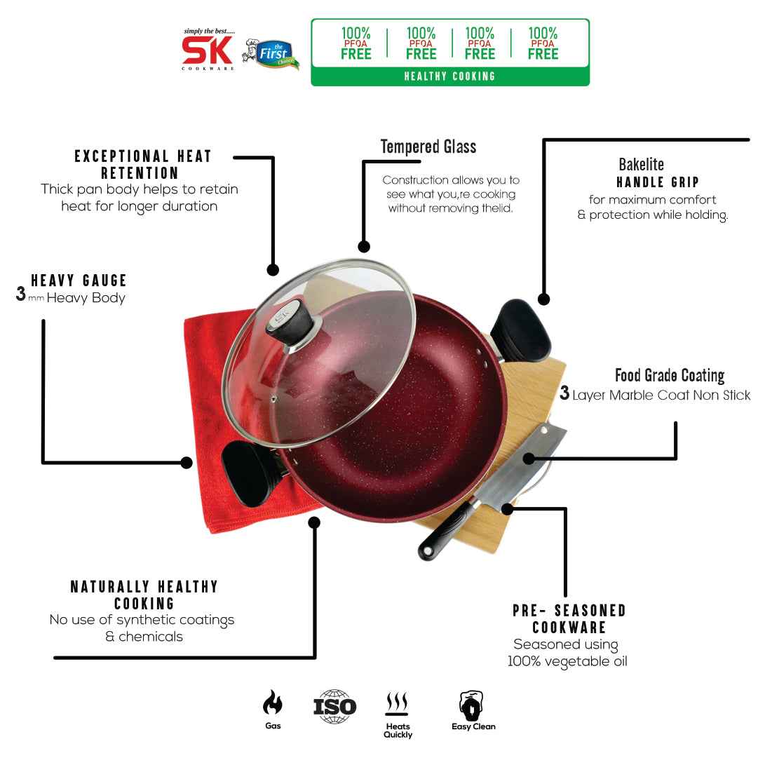 Marble Coated Wok (Karahi) with Glass Lid - Maroon - Skcookware