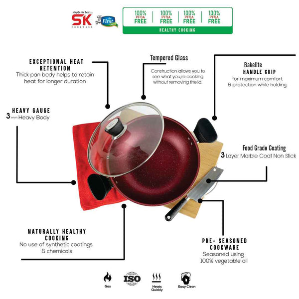 Marble Coated Wok (Karahi) with Glass Lid - Maroon - Skcookware