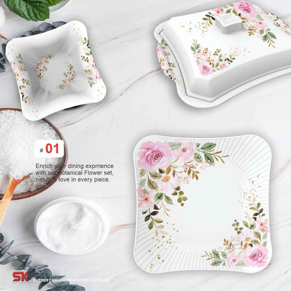 64 Pieces Melamine Single Glaze Bloom Dinnerware Set - 308 - Skcookware