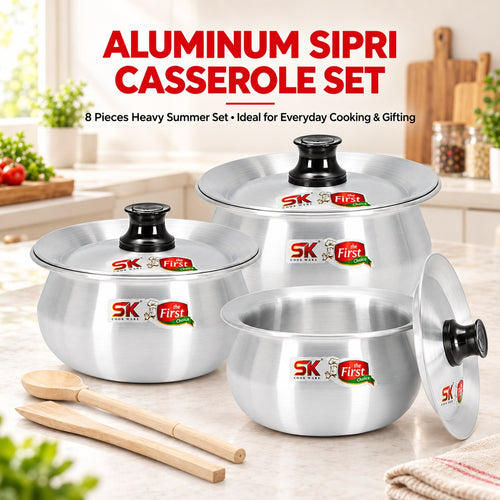 Three-piece SK First aluminum siperi casserole set with lids, shown on a kitchen countertop with wooden utensils. The image includes text overlays describing the set.
