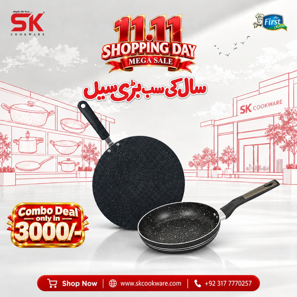 Combo Deal: 18 cm Marble Coated Non Stick Tawa/Griddle + 30 cm Marble Coated Non Stick Frying Pan