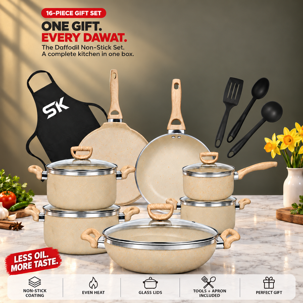 16 Pieces Non Stick Daffodil Gift Pack Set Soft Touch China Wooden Texture Handle