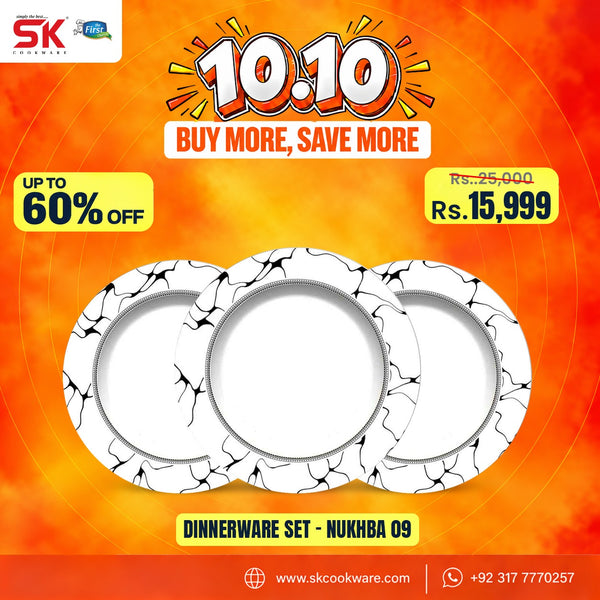 Promotional graphic for a 10-piece 10-for-10 discount dinnerware set by SK Cookware. The image features three white plates with a black cracked-glass pattern, set against a vibrant orange and yellow background with promotional text and pricing details.