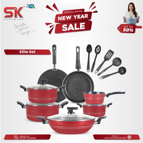 16 Pieces Non-Stick Marble Coat Elite Gift Pack Set - Red & Black