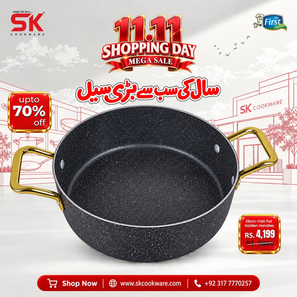 Export Leftover Marble Coated Non-Stick Fish Pot with Golden Handles