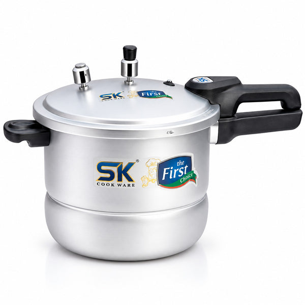 A silver aluminum pressure cooker with black handles and lids, featuring SK Cookware and The First Choice logos on the front, set against a plain white background.