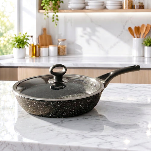 24cm Black Non Stick Marble Coated Signature Frypan with Glass Lid