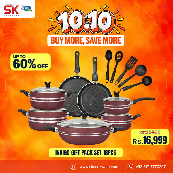 A promotional graphic for a 10-piece Indigo gift pack set from SK Cookware, featuring multiple dark maroon and black non-stick cookware pieces including pots, pans, and utensils, set against a bright orange background with sale text and pricing details.