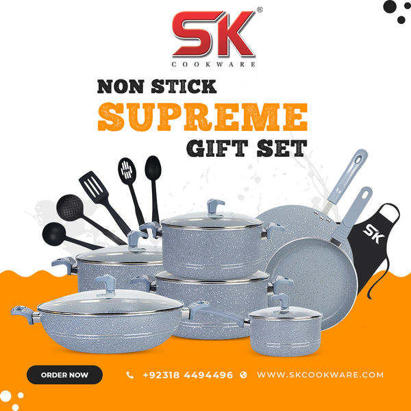 18 Pieces Non Stick Marble Coated Supreme Gift Pack Set Grey - Skcookware
