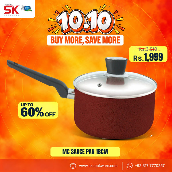 An advertisement for a 18cm saucepan by SK Cookware, featuring a dark red textured exterior, a black handle, and a clear glass lid with a black knob. The background is a vibrant orange and yellow gradient with promotional text including '10:10 BUY MORE, SAVE MORE', 'UP TO 60% OFF', and pricing details.