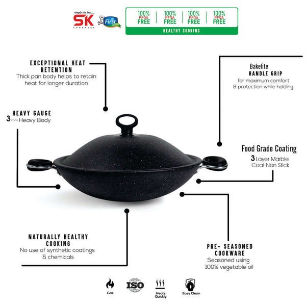Non Stick Marble Coated Queen Wok - Black - Skcookware