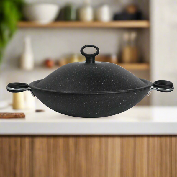 Non Stick Marble Coated Queen Wok - Black - Skcookware