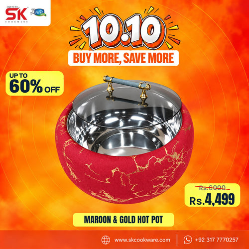 A promotional graphic for a maroon and gold hot pot. The product features a deep maroon-red exterior with gold veining, a polished stainless steel interior, and a gold handle with gold finials on the lid.