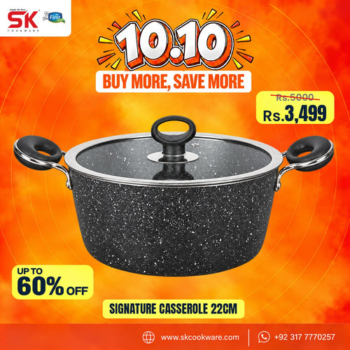 A black speckled non-stick casserole pot with a matching lid, shown on a bright orange promotional background with sale text and SK Cookware branding.