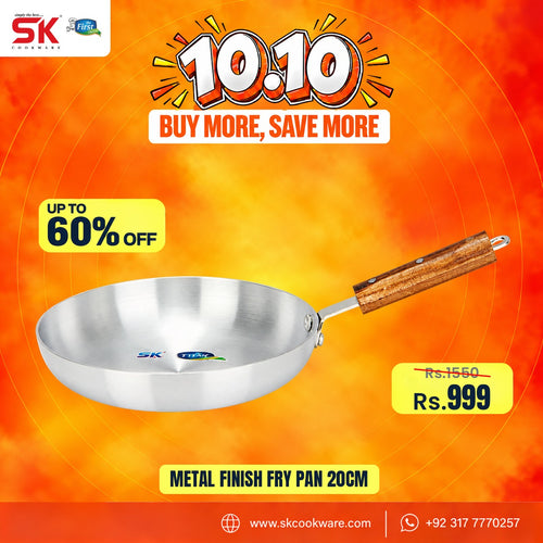 A promotional graphic for a SK cookware 20cm metal finish fry pan with a wooden handle, set against a bright orange and yellow background with sale text and pricing.