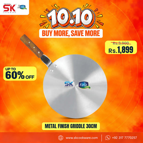 An advertisement for an SK Cookware 10.10 inch metal finish griddle.