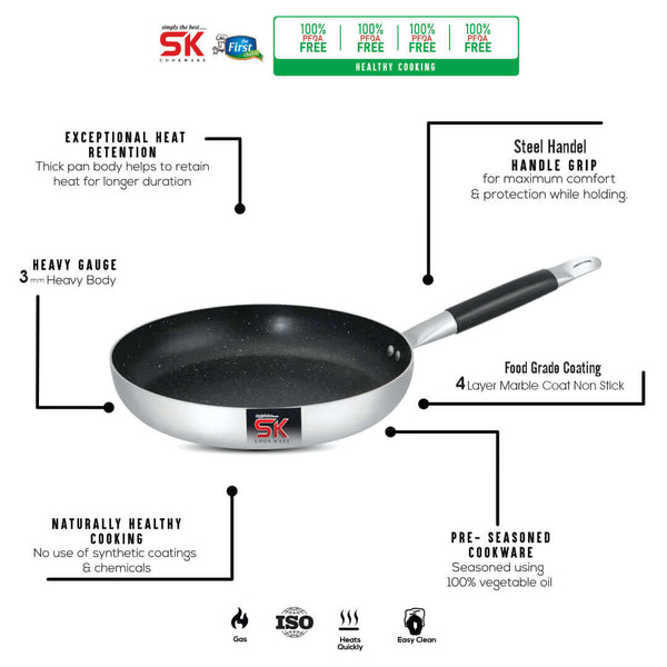 Mirror Polish Aluminum Steno Frying Pan inside Marble Coat - Black - Skcookware