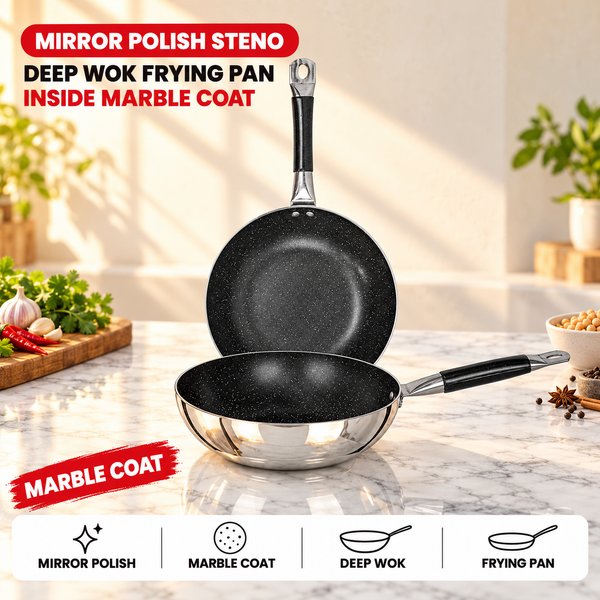 Mirror Polish Steno Deep Wok Frying Pan inside Marble Coat