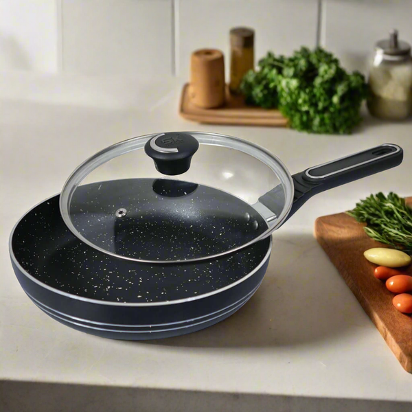 Non Stick Marble Coated Royal Frypan with Glass Lid - Black - Skcookware