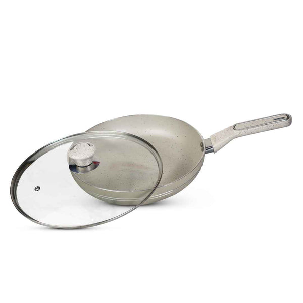 Non Stick Marble Coated Royal Frypan with Glass Lid - Off White - Skcookware