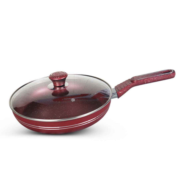 Non Stick Marble Coated Royal Frypan with Glass Lid - Red - Skcookware