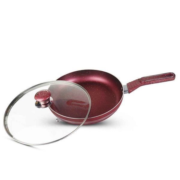 Non Stick Marble Coated Royal Frypan with Glass Lid - Red - Skcookware