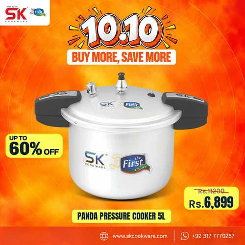 A promotional product graphic for an SK Cookware 'the First Choice' Panda Pressure Cooker 5L. The silver and black pressure cooker is centered against a vibrant orange and yellow gradient background with promotional text overlays including '10:10', 'BUY MORE, SAVE MORE', 'UP TO 60% OFF', and the final price 'Rs.